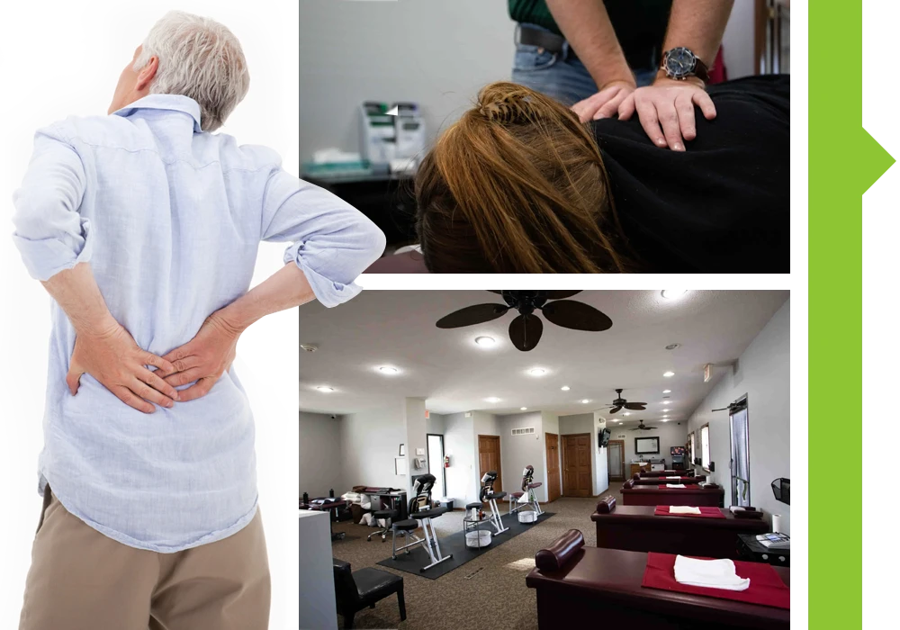 Collage showing a person holding lower back, a treatment session on a table, and an interior space with treatment beds.