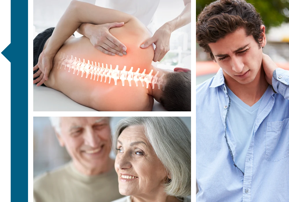 Collage of multiple scenes including a spine with highlighted pain, a person holding neck, and an older couple together.